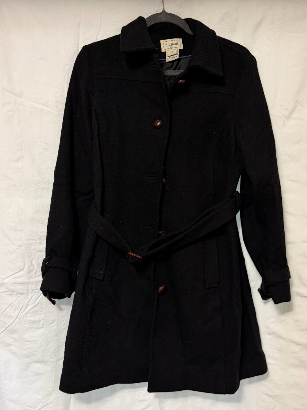 L.L. Bean Black Belted Wool Coat with Brown Buttons Womens Size S